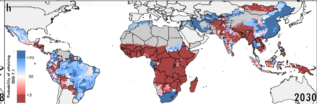 Map of the modeled probability of attaining SDG 7.1 clean-cooking target by 2030, red where unlikely, blue where likely