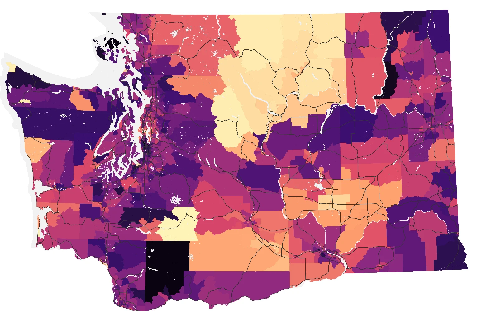 Washington State census tracts colored by the 95% uncertainty interval of their EHD rank under alternative methodologies — a magma-palette choropleth